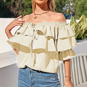 Chic Chiffon Off Shoulder Layered Solid Long Sleeve Blouse for Women