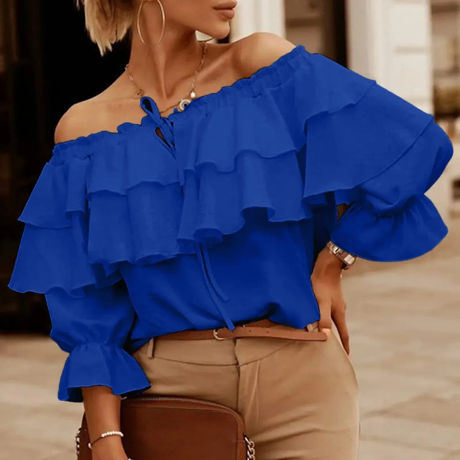 Chic Chiffon Off Shoulder Layered Solid Long Sleeve Blouse for Women