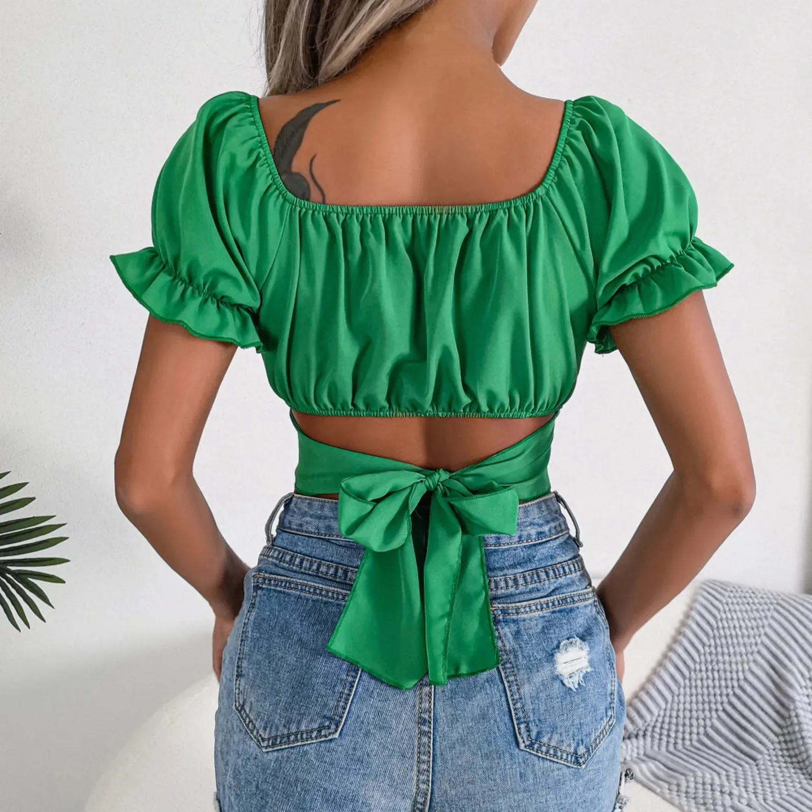 Chiffon Crop Square Collar Plus Size Women's Blouse