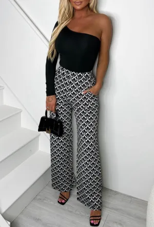 City Illusion Black Stretch Geometric Circle Wide Leg Trousers