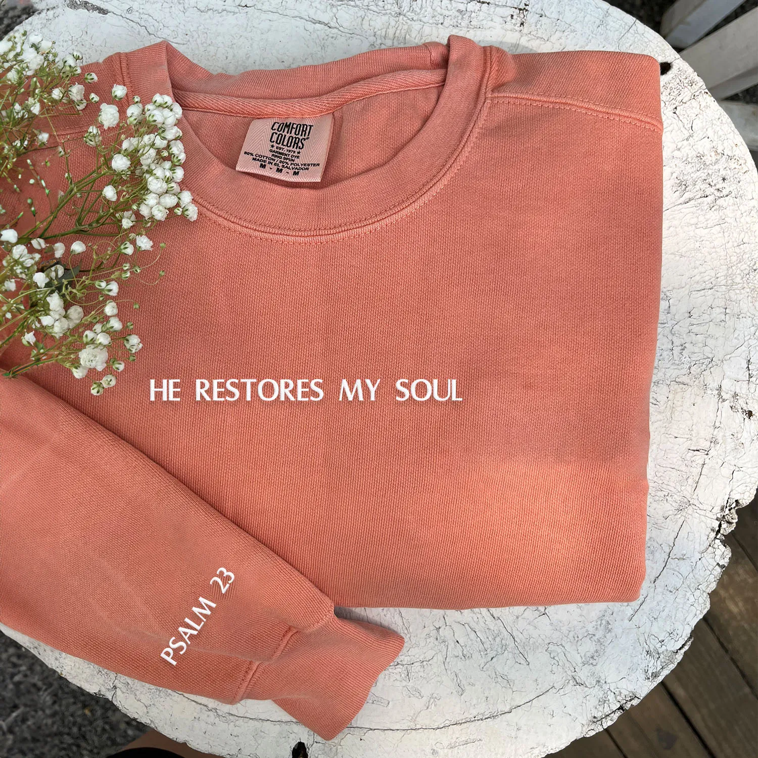 Comfort Color® Embroidered He Restores My Soul Sweatshirt or Shirt