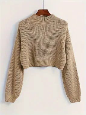 Cozy High Neck Solid Crew Neck Pullover Sweater - Soft Micro Elastic Acrylic Knit Fabric, Casual Long Sleeve Drop Shoulder Crop Design, Machine Washable, Perfect for Fall and Winter - Womens Clothing