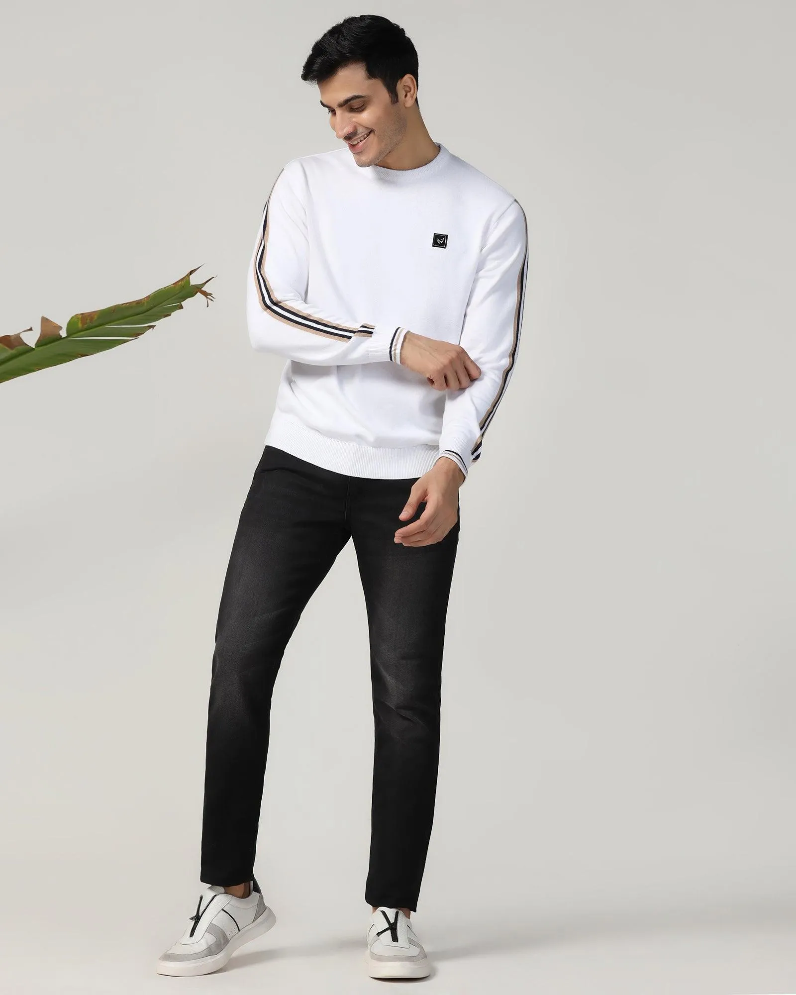 Crew Neck Off White Solid Sweater - Forge