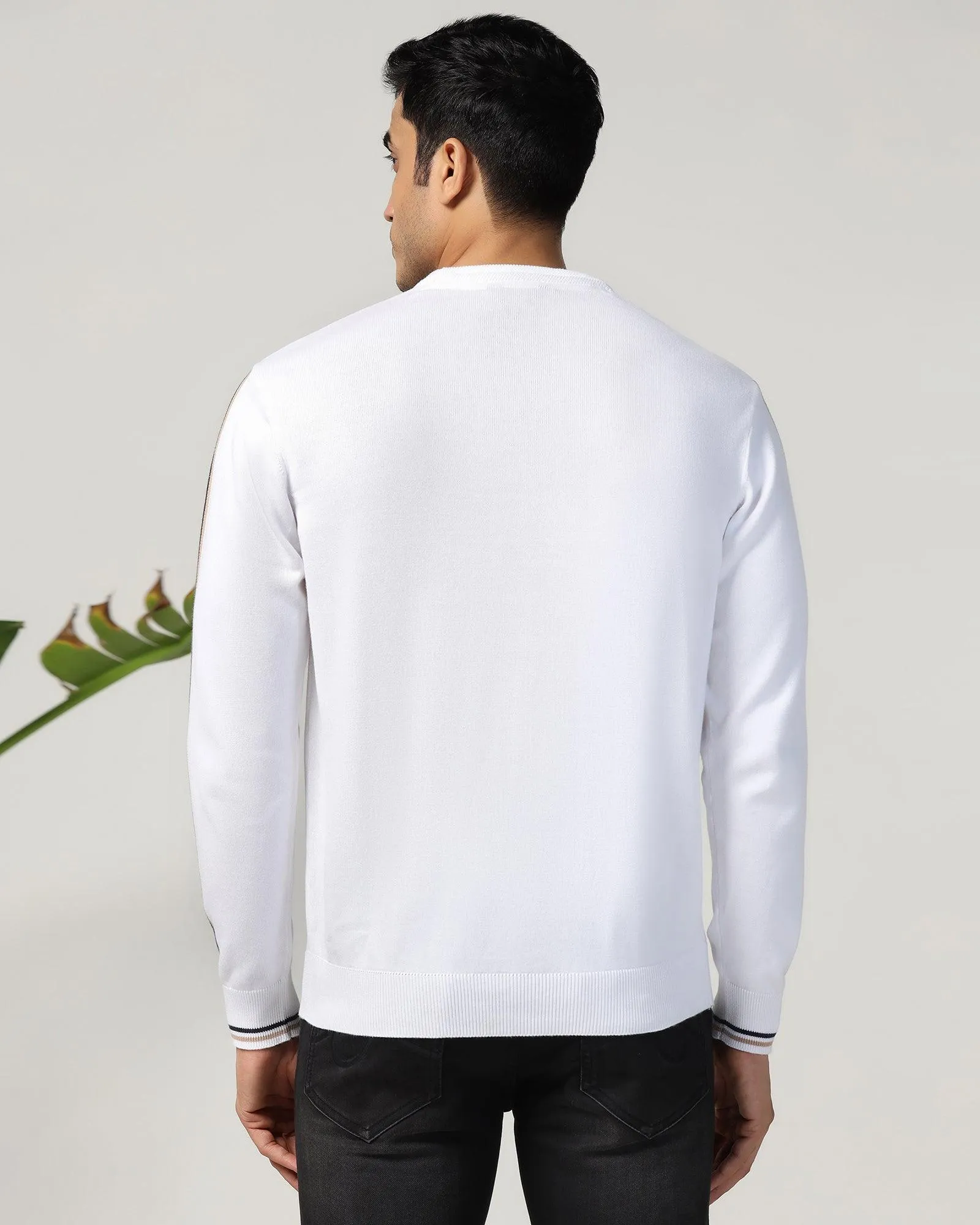 Crew Neck Off White Solid Sweater - Forge