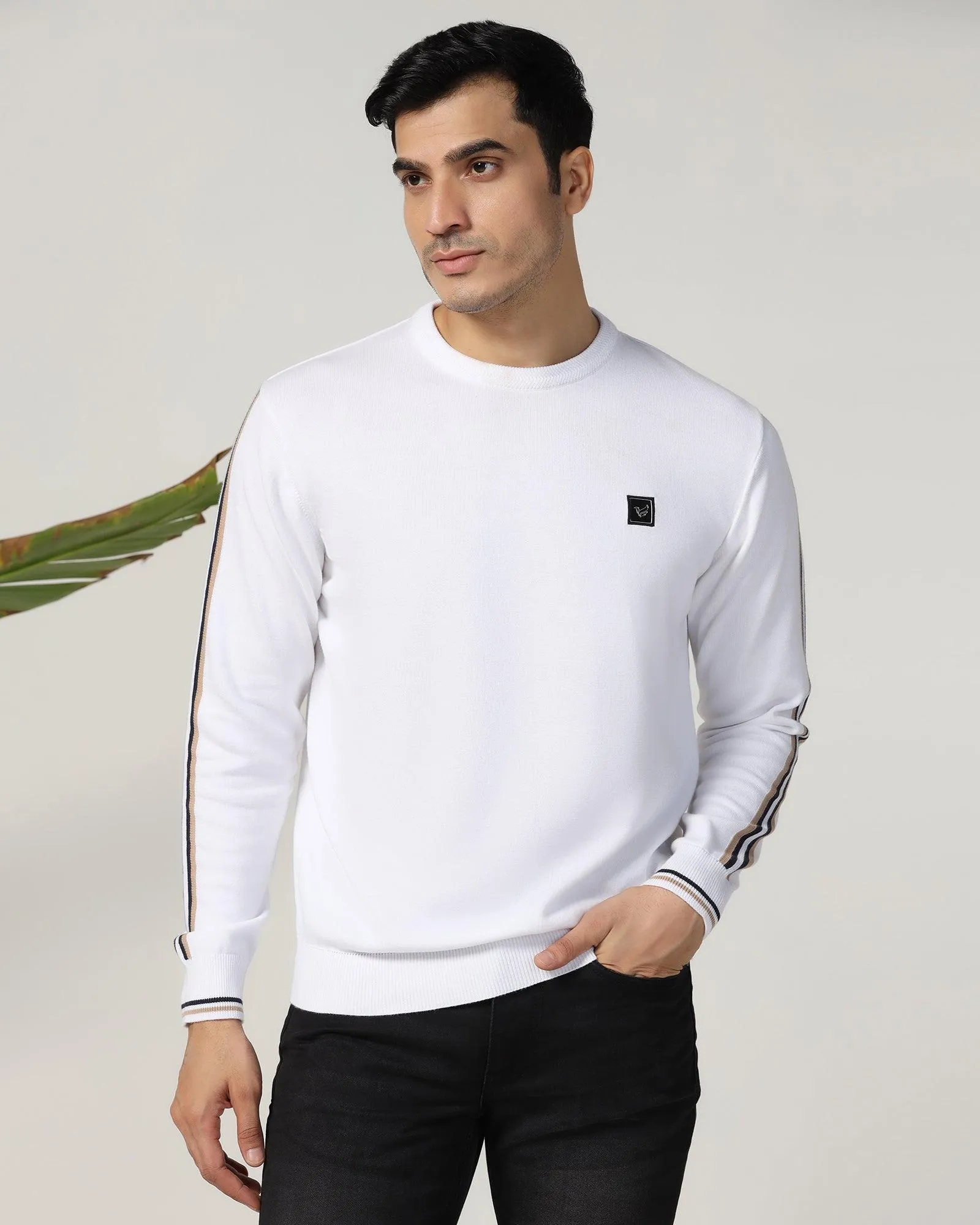 Crew Neck Off White Solid Sweater - Forge