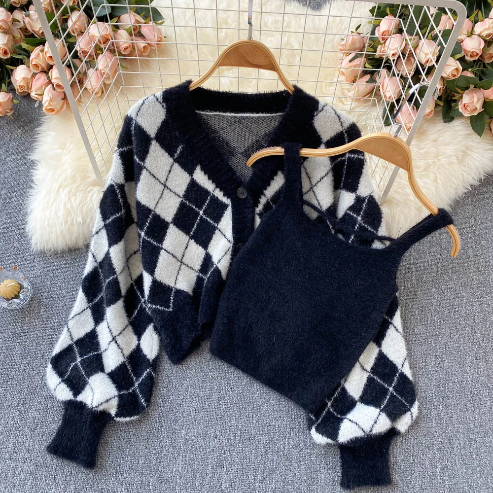 Cute diamond knit cardigan short sweater crop tops   S590