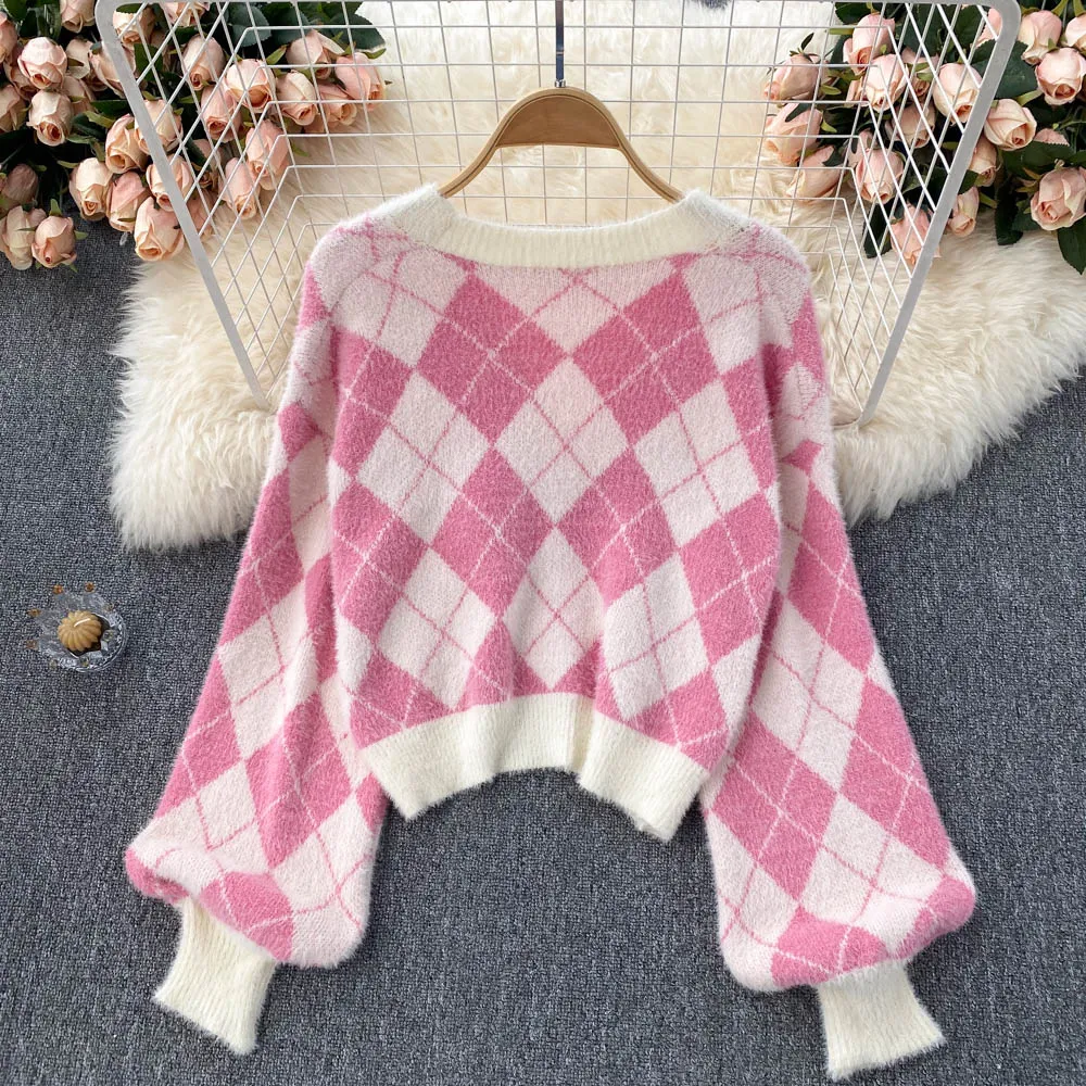 Cute diamond knit cardigan short sweater crop tops   S590