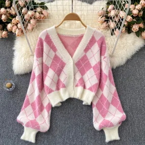 Cute diamond knit cardigan short sweater crop tops   S590