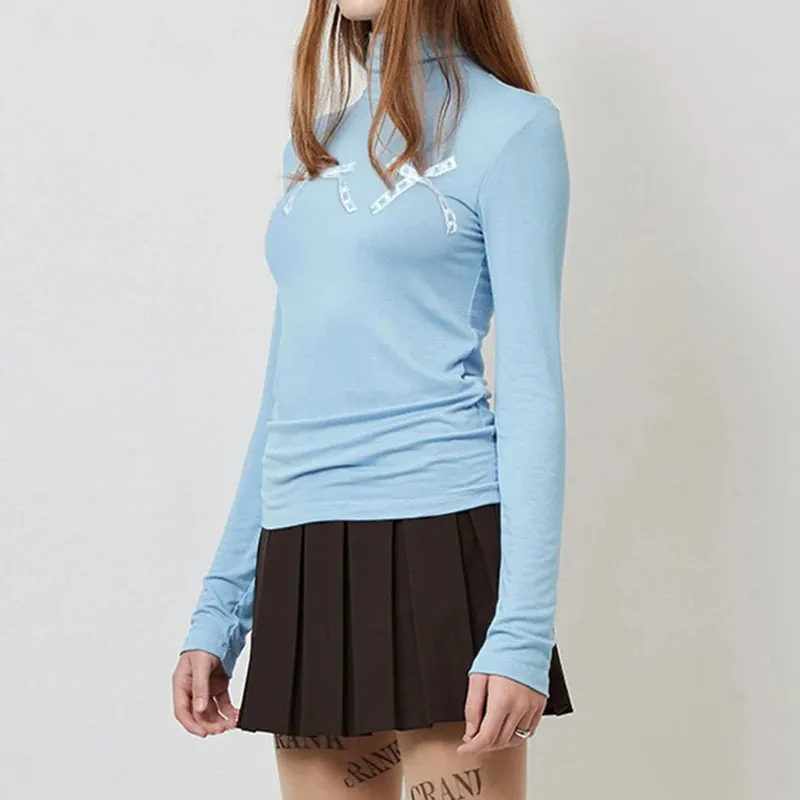 Cutecore Korean Basic Turtleneck Tee Women Bow Patched Coquette Clothes Autumn Tshirt Slim Casual Top Kawaii Pullover