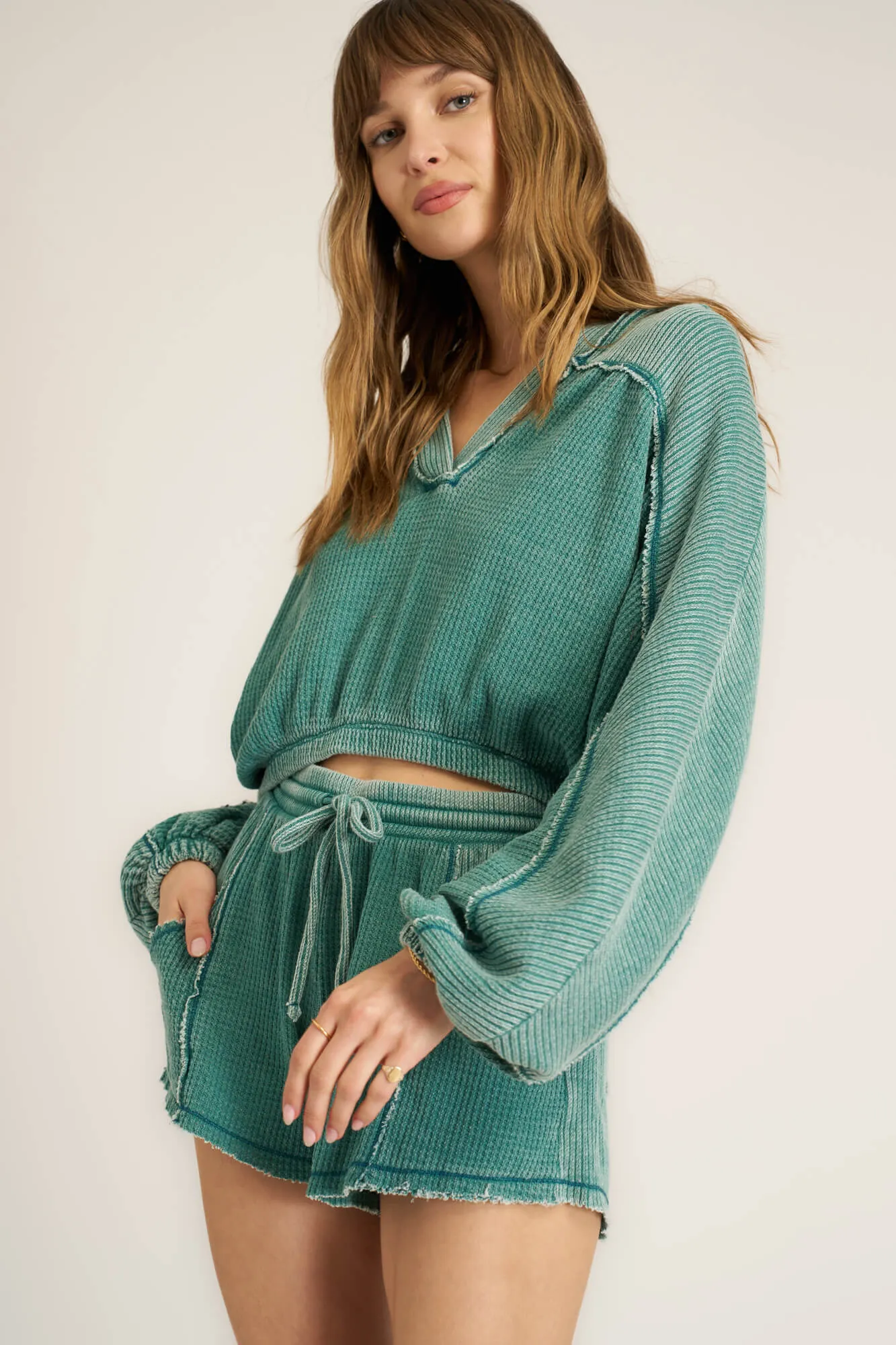 Dante Seamed Burnout Thermal Hoodie - Pacific Teal