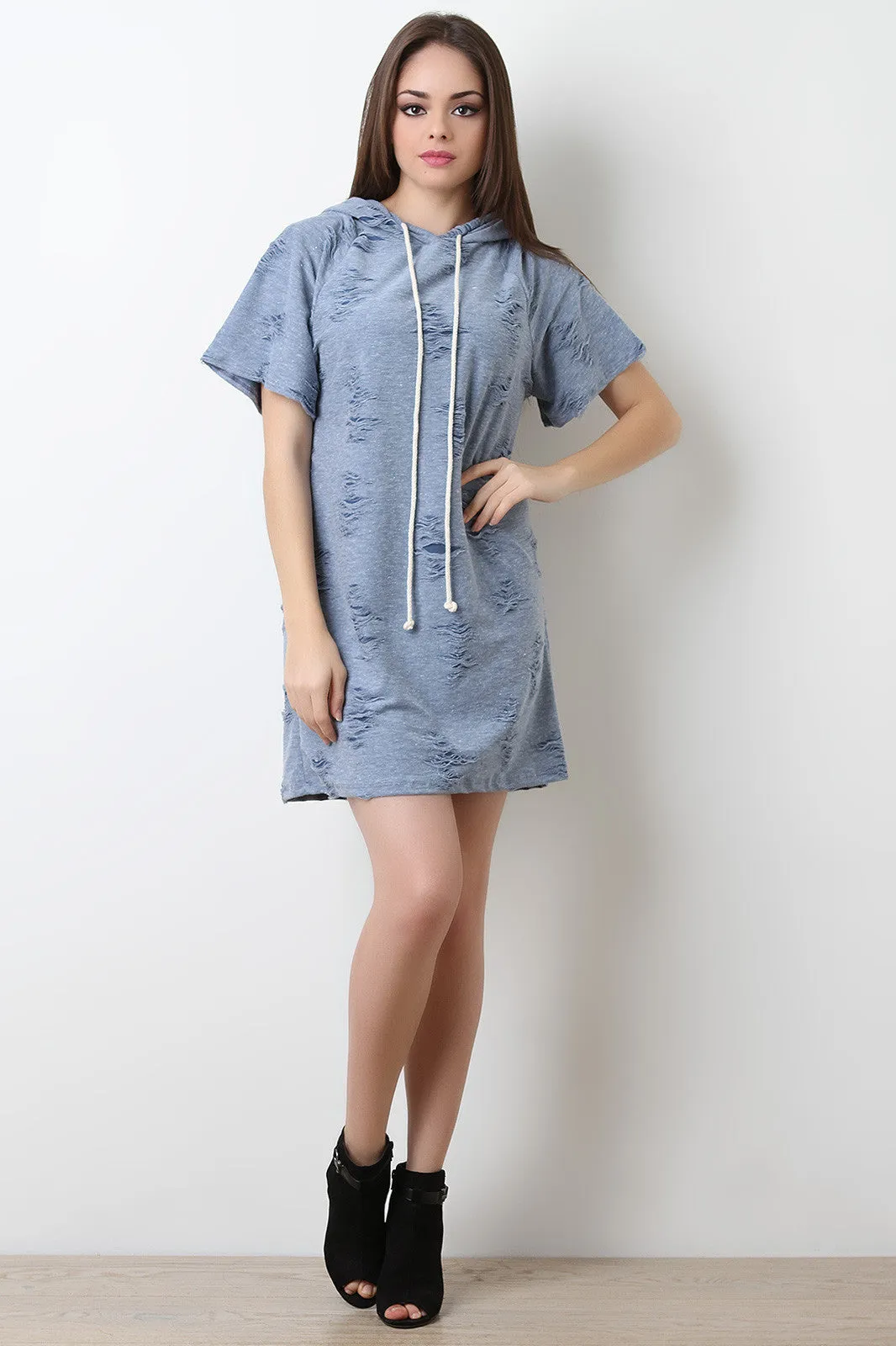 Distressed Hooded Short Sleeve Sweater Dress