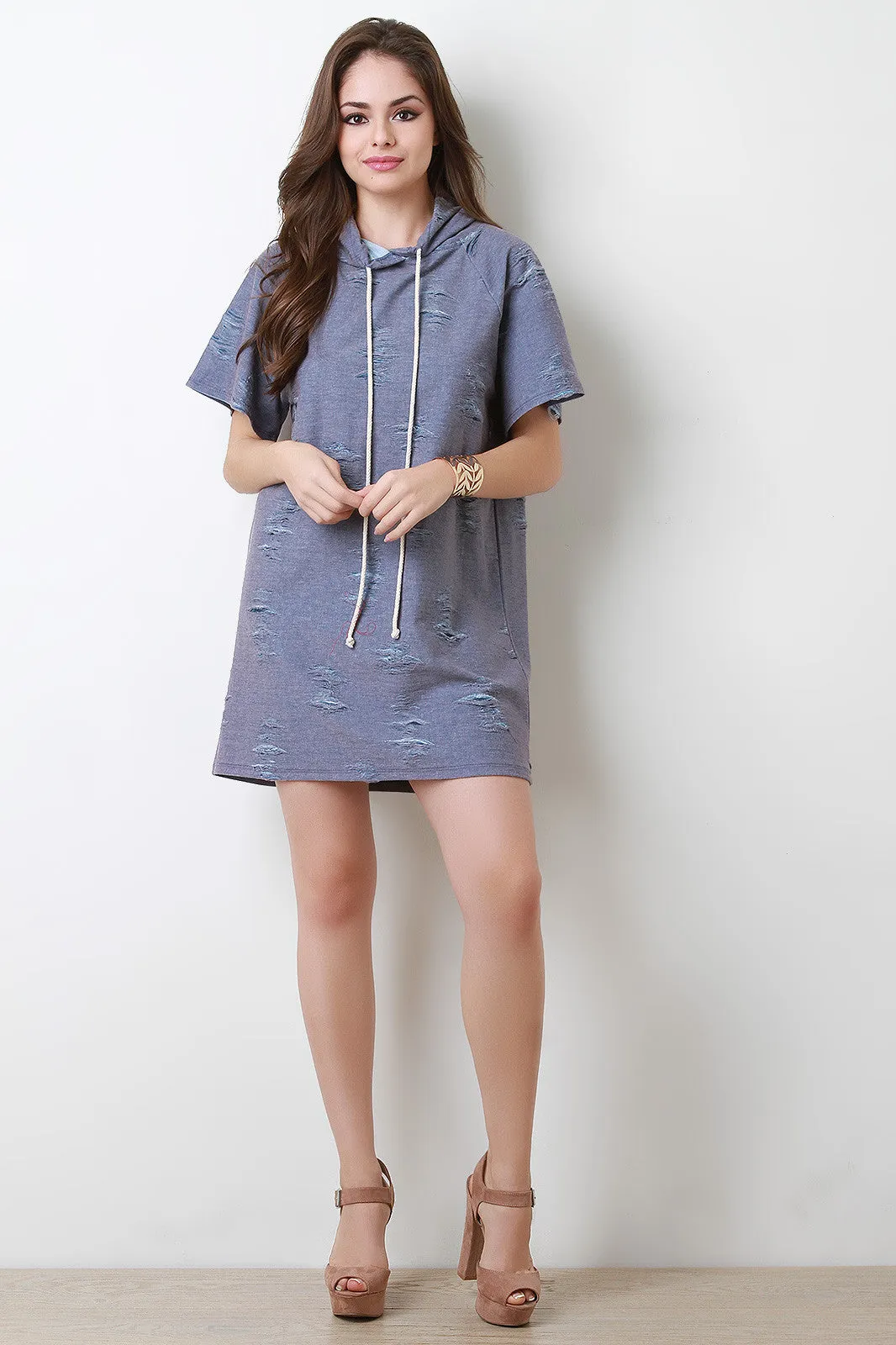 Distressed Hooded Short Sleeve Sweater Dress