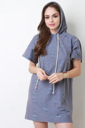 Distressed Hooded Short Sleeve Sweater Dress