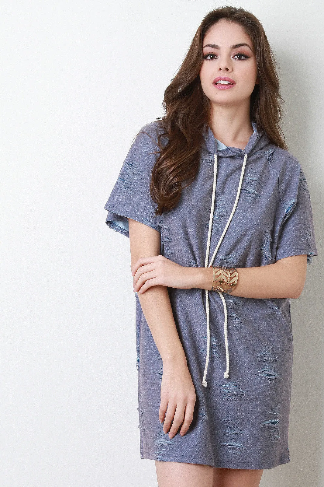 Distressed Hooded Short Sleeve Sweater Dress