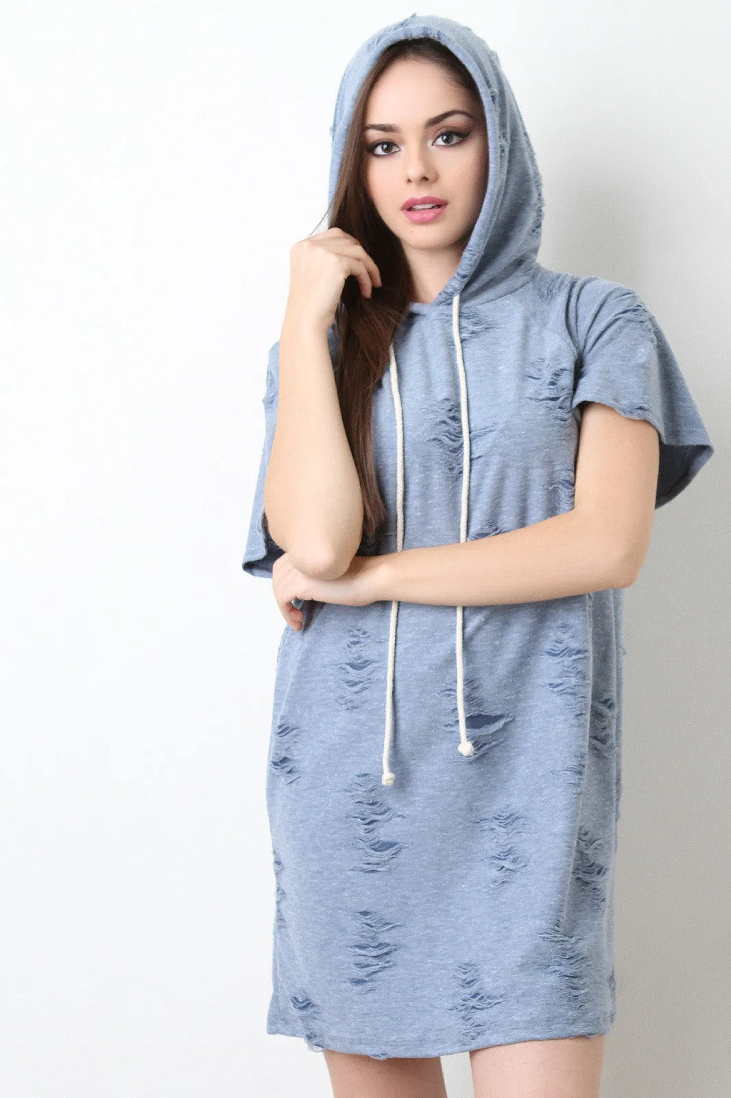 Distressed Hooded Short Sleeve Sweater Dress