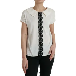 Dolce & Gabbana Elegant Off-White Lace-Trim Silk Blouse