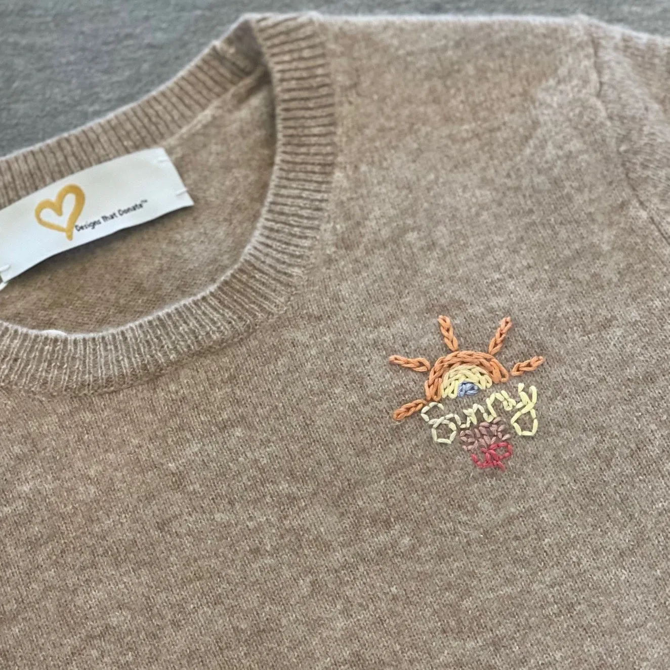 DTD Long Sleeve Oatmeal Cashmere Sweater with Hand Embroidered Sunny Side Up Rainbow