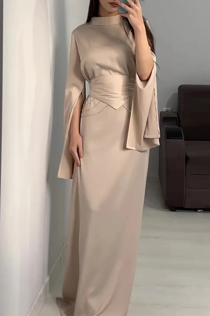 Elegant Solid Slit Half A Turtleneck Waist Skirt Dresses