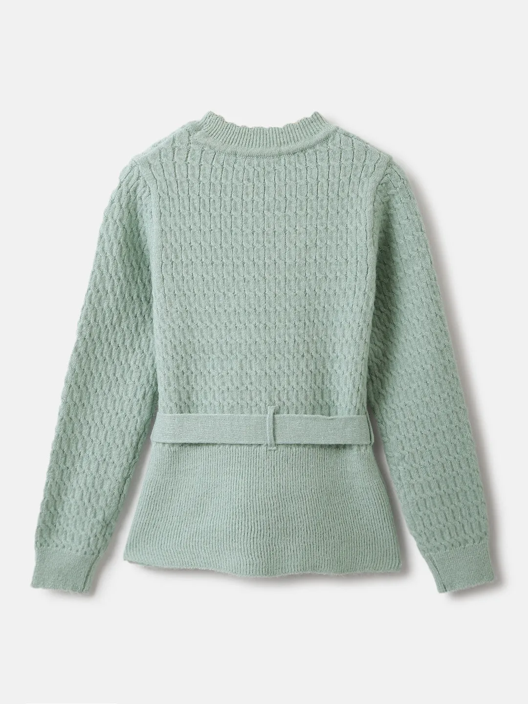 Elle Girls Green Self Design Mock Neck Full Sleeves Pullover Style Sweater