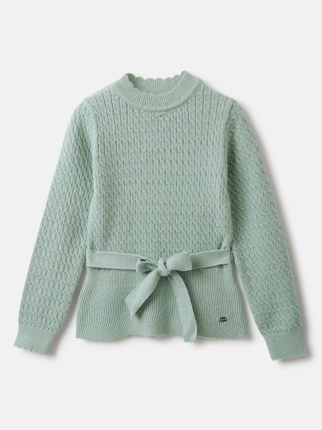 Elle Girls Green Self Design Mock Neck Full Sleeves Pullover Style Sweater