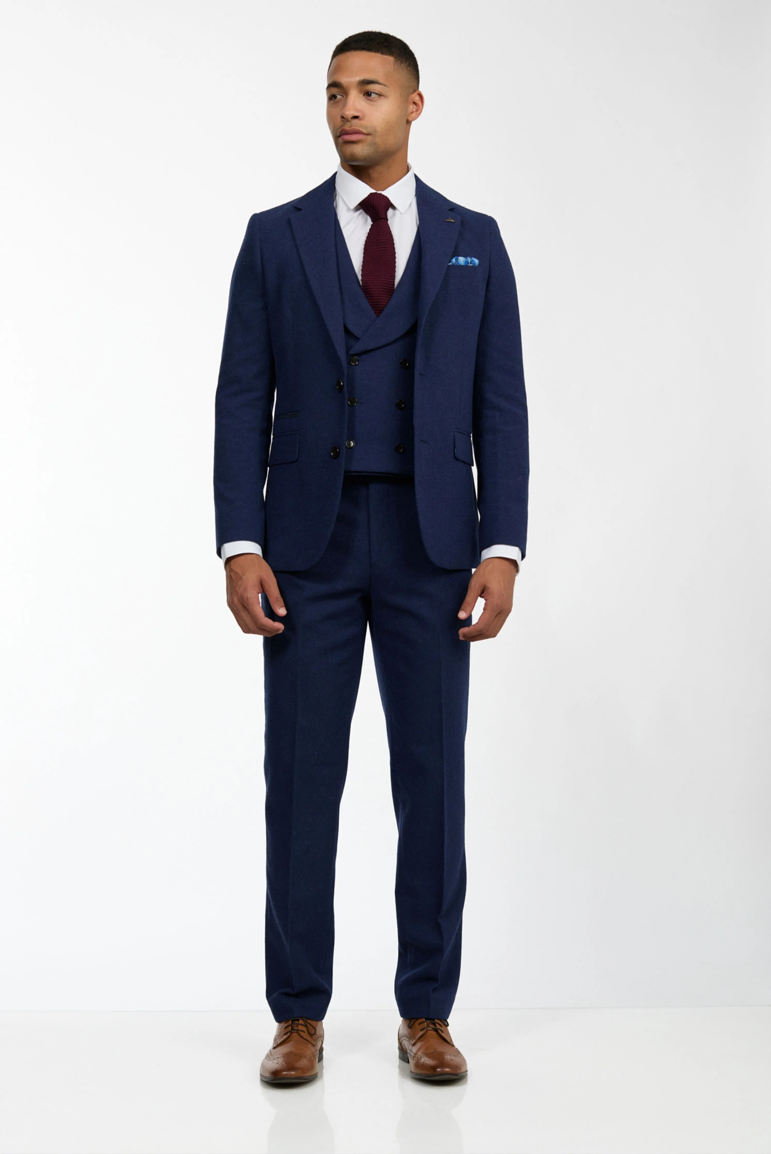 Eton Wool Tweed Three Piece Slim Fit Suit in Navy