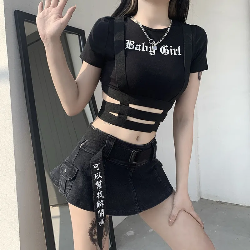 European sexy slim fit baby girl printed T-shirt irregular hollow cut crop top tee