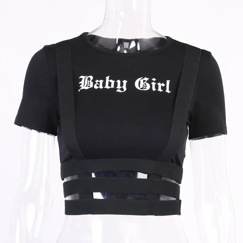 European sexy slim fit baby girl printed T-shirt irregular hollow cut crop top tee