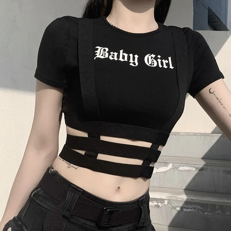 European sexy slim fit baby girl printed T-shirt irregular hollow cut crop top tee