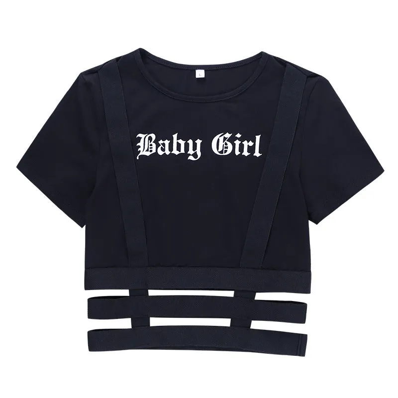 European sexy slim fit baby girl printed T-shirt irregular hollow cut crop top tee