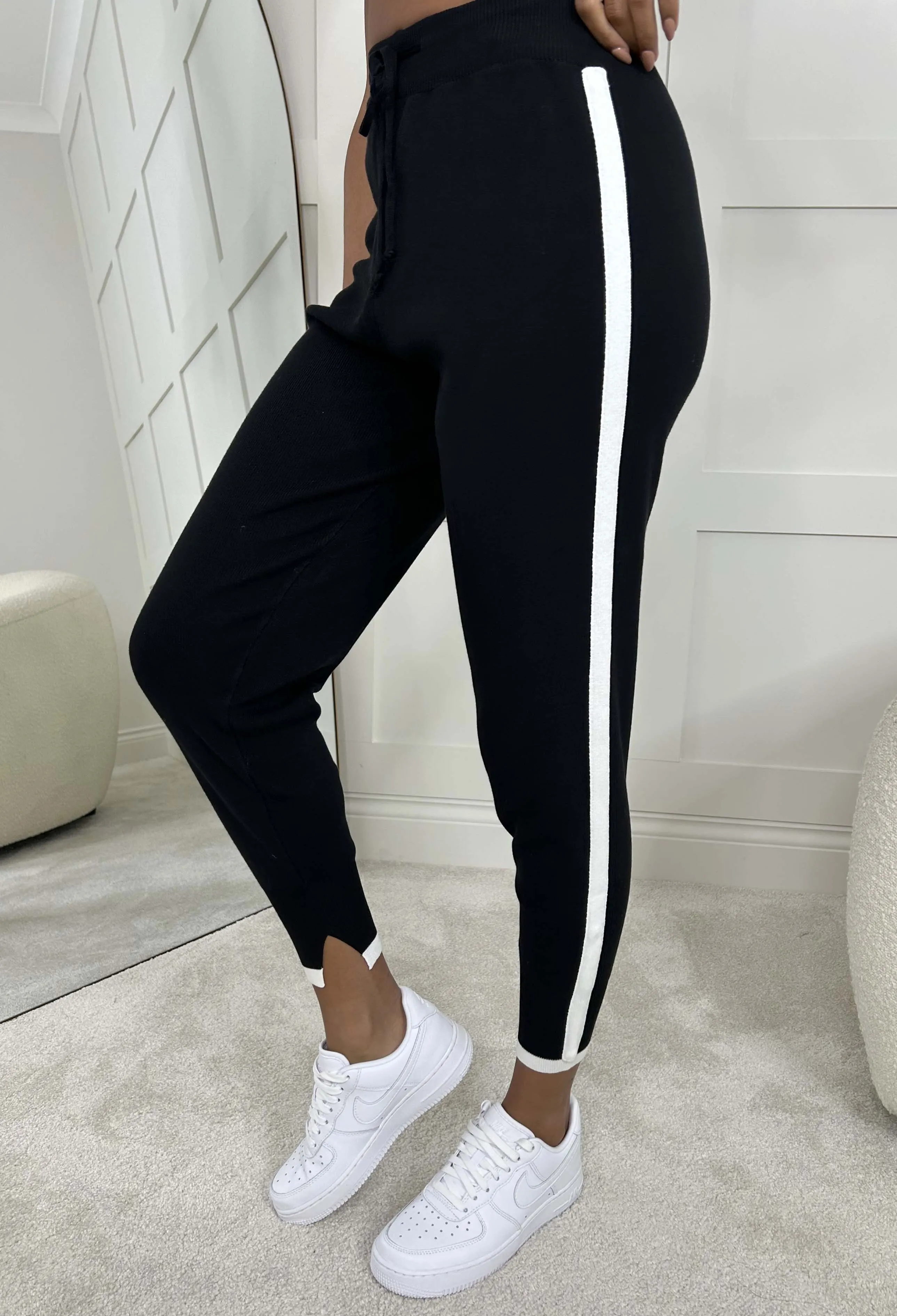 Everyone Around Me Black Side Striped Knitted Loungewear Set