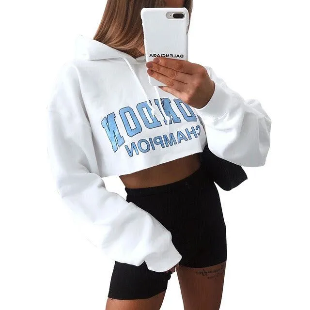 Explosion Style Autumn Long-Sleeved Hoodie Women Crop Top White