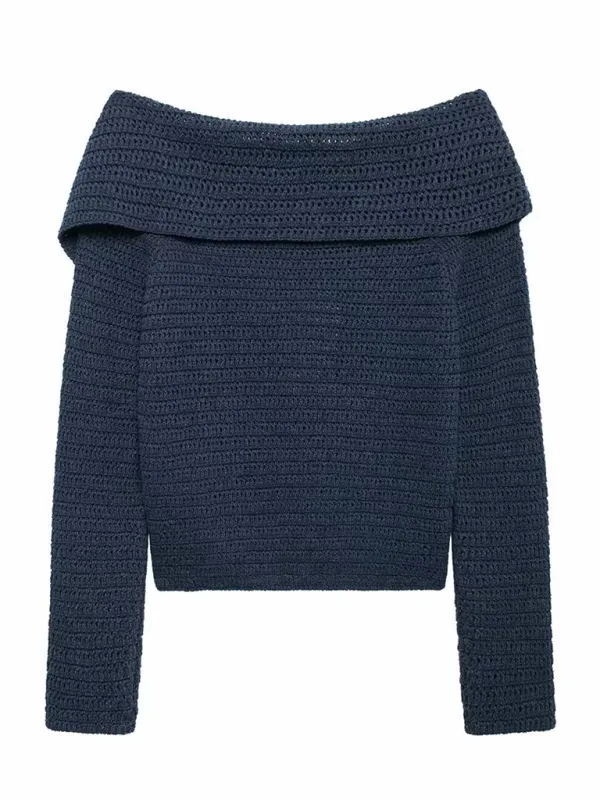 Fall Shoulder-Baring Top Navy Cropped Knitwear