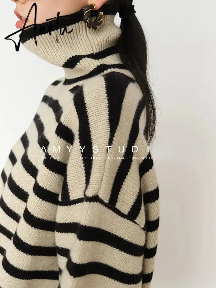 Fashion Tops Women Striped High Collar Sweater New Autumn Winter Loose Design Knitted Pullover Oversized Sweater  Jumper