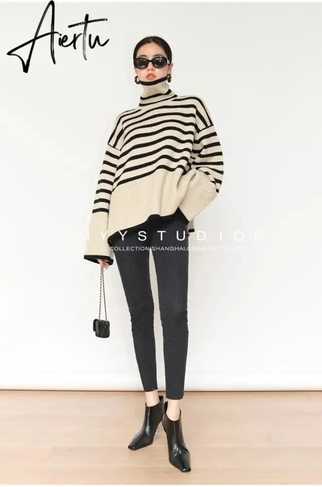 Fashion Tops Women Striped High Collar Sweater New Autumn Winter Loose Design Knitted Pullover Oversized Sweater  Jumper