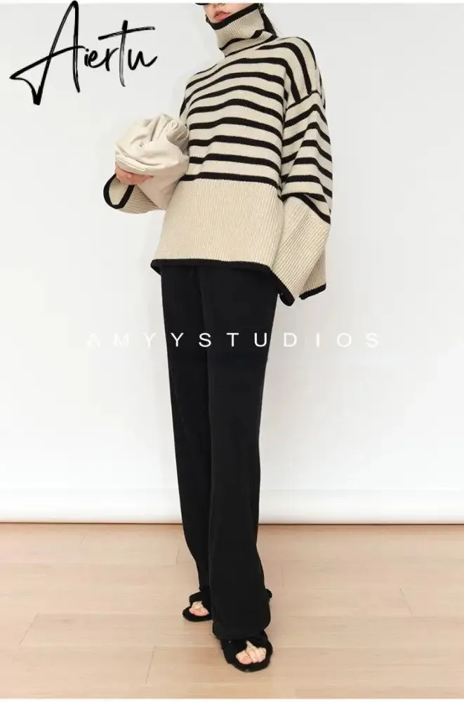 Fashion Tops Women Striped High Collar Sweater New Autumn Winter Loose Design Knitted Pullover Oversized Sweater  Jumper