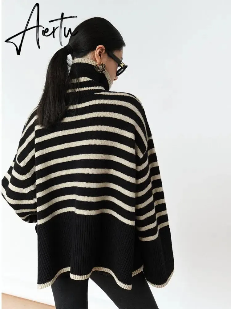 Fashion Tops Women Striped High Collar Sweater New Autumn Winter Loose Design Knitted Pullover Oversized Sweater  Jumper