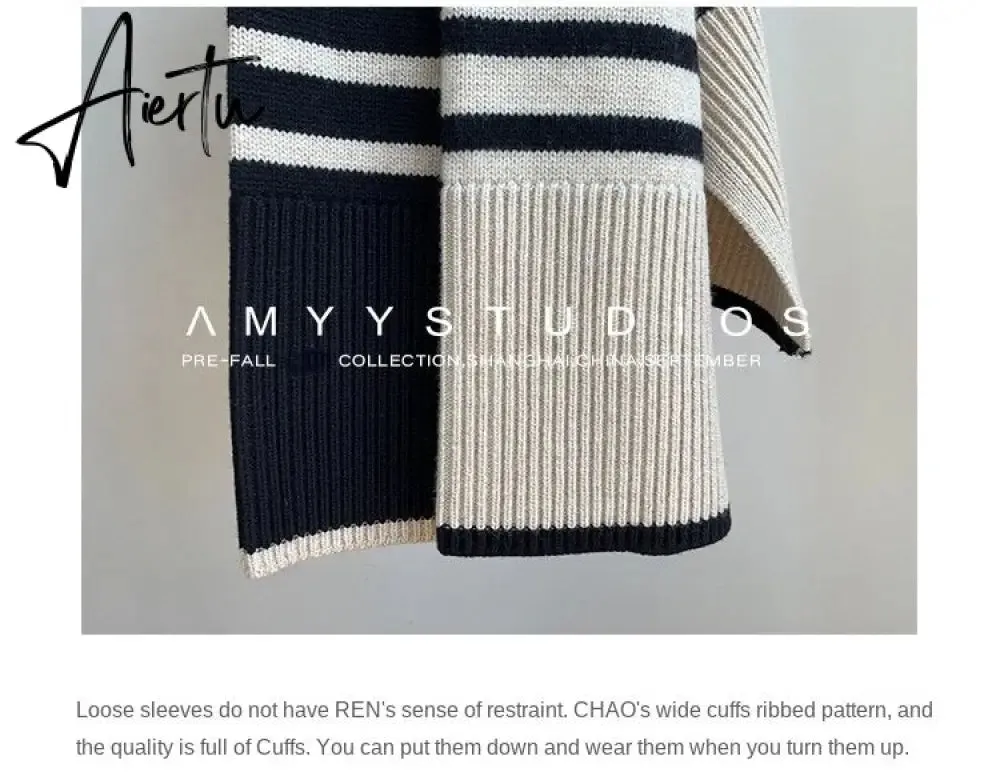 Fashion Tops Women Striped High Collar Sweater New Autumn Winter Loose Design Knitted Pullover Oversized Sweater  Jumper