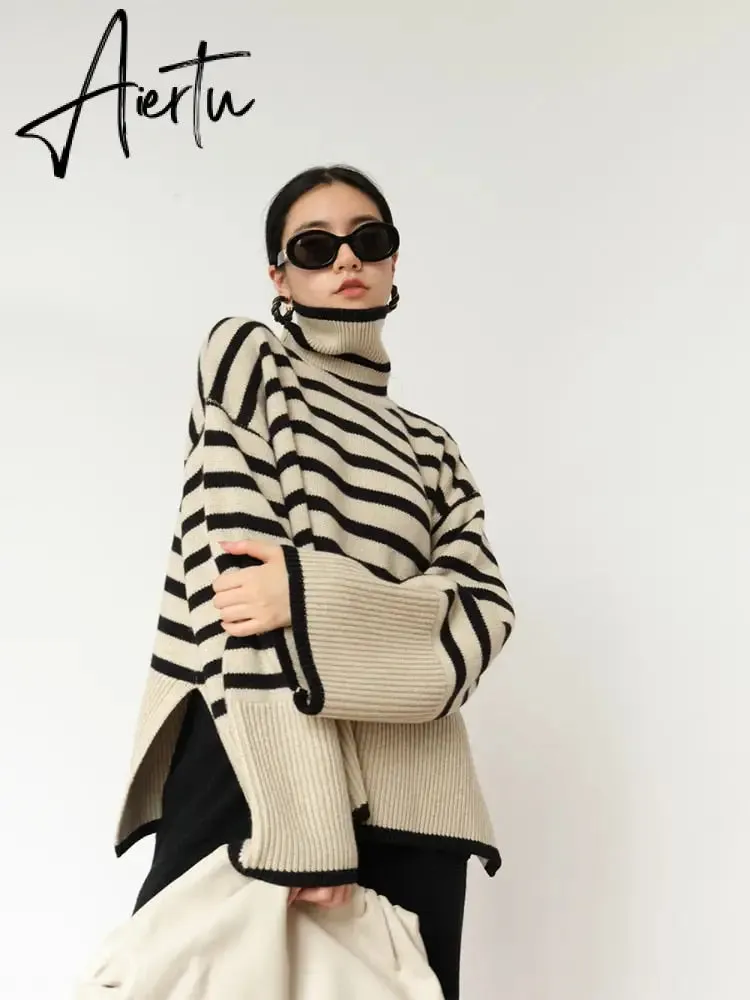 Fashion Tops Women Striped High Collar Sweater New Autumn Winter Loose Design Knitted Pullover Oversized Sweater  Jumper