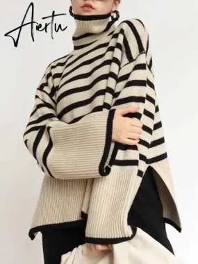 Fashion Tops Women Striped High Collar Sweater New Autumn Winter Loose Design Knitted Pullover Oversized Sweater  Jumper