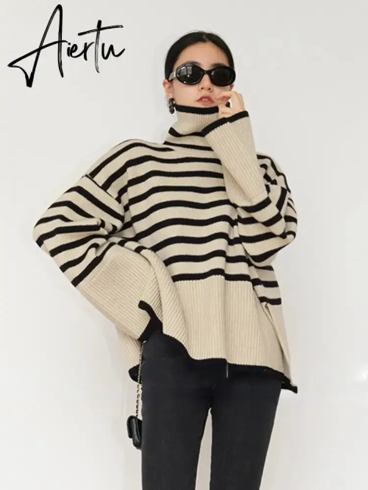 Fashion Tops Women Striped High Collar Sweater New Autumn Winter Loose Design Knitted Pullover Oversized Sweater  Jumper