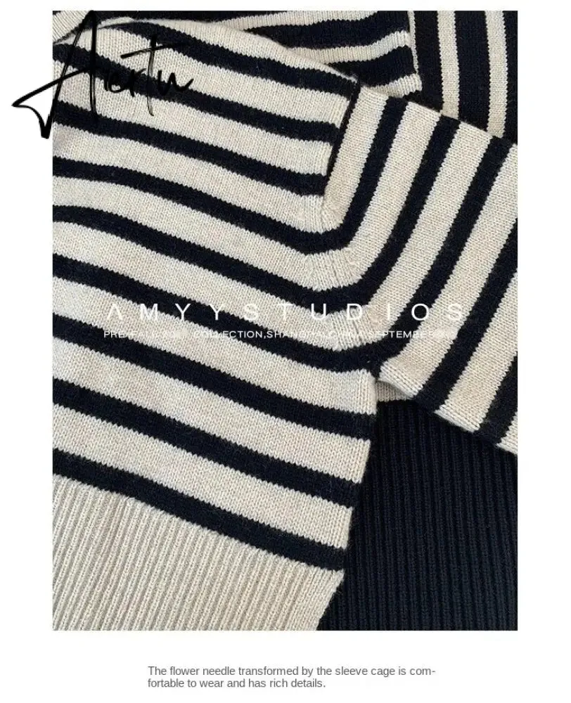 Fashion Tops Women Striped High Collar Sweater New Autumn Winter Loose Design Knitted Pullover Oversized Sweater  Jumper