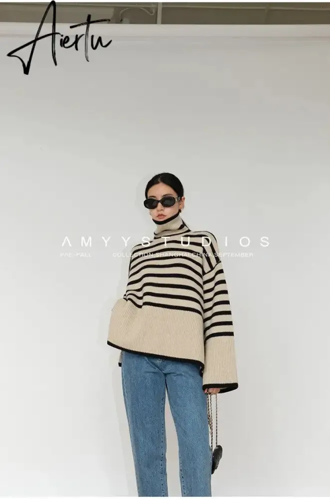 Fashion Tops Women Striped High Collar Sweater New Autumn Winter Loose Design Knitted Pullover Oversized Sweater  Jumper