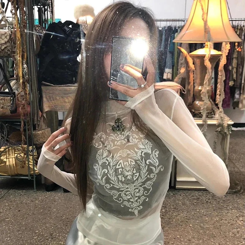 Fashion White Graphic Print Mesh Top Summer See Through Turtleneck Harajuku Kawaii Thin Women's T-shirts Outfits Tees