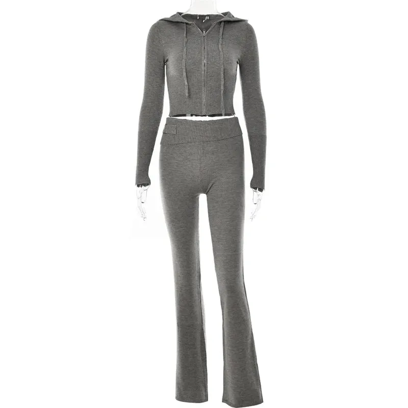 Fashionkova Solid Knitted 2 Piece Sets Women Tracksuit Long Sleeve Zipper Hooded Sweater Jackets Crop Top Flare Pants Stretchy Matching Suit