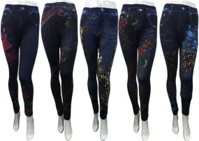 fleece denim legging with flower print Case of 12