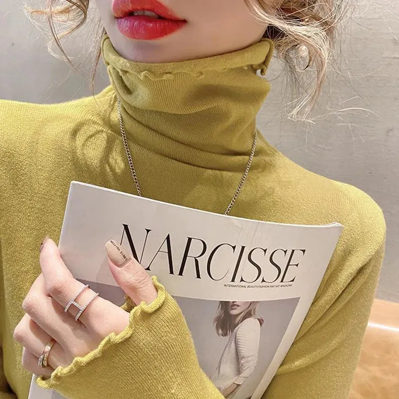 Fold Turtleneck High Elastic Solid Color Sweater