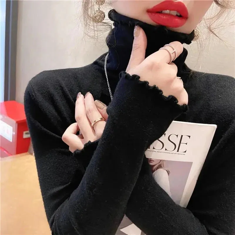 Fold Turtleneck High Elastic Solid Color Sweater