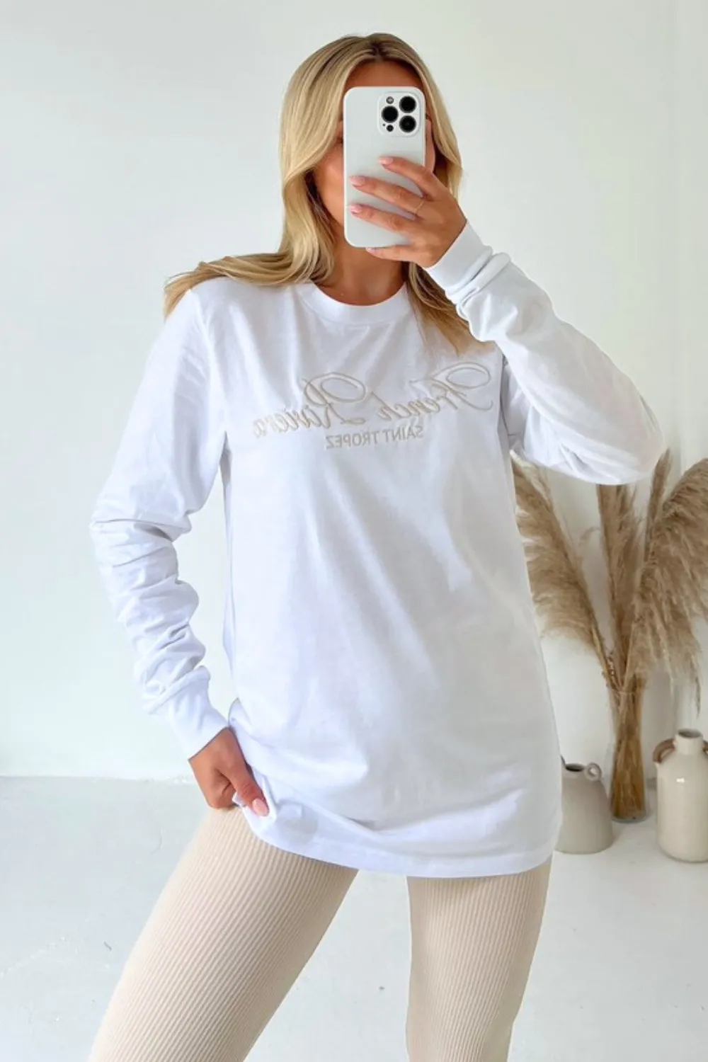 French Riviera cream embroidered long sleeve t-shirt and leggings