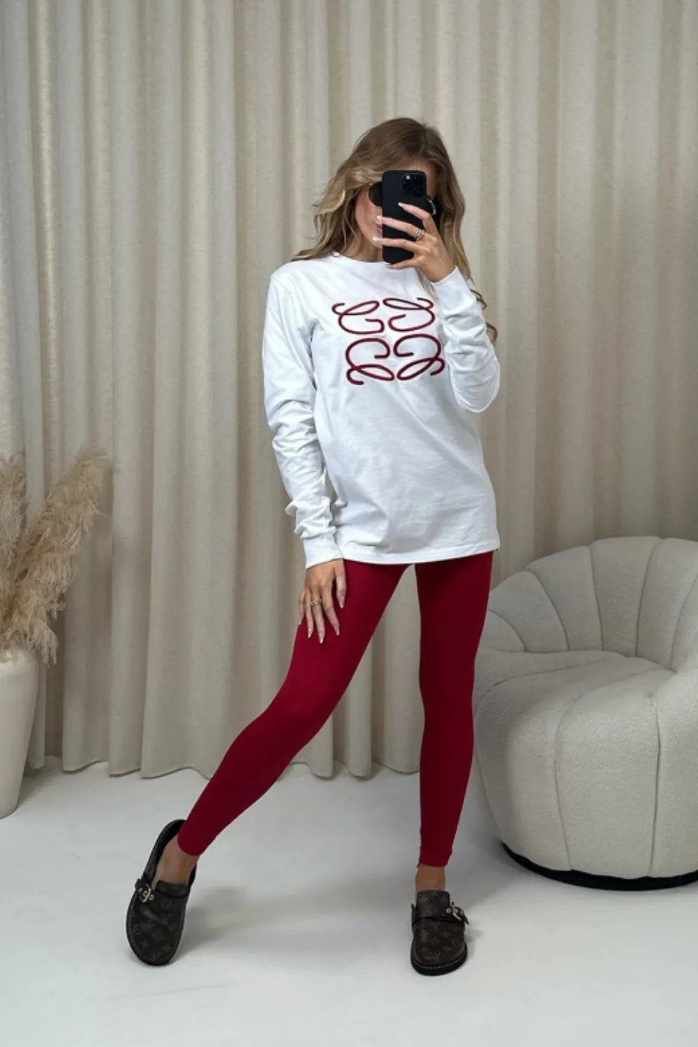 Gege burgundy embroidered long sleeve t-shirt and leggings