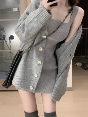 Girlary Gray 2 Piece Dress Set Women Casual Long Sleeve Cardigan   Bodycon Strap Sweater Dress Evening Party Knitted Suit